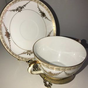 Nippon hand painted gold set of 2 cup/bowl and saucer floral pattern vintage